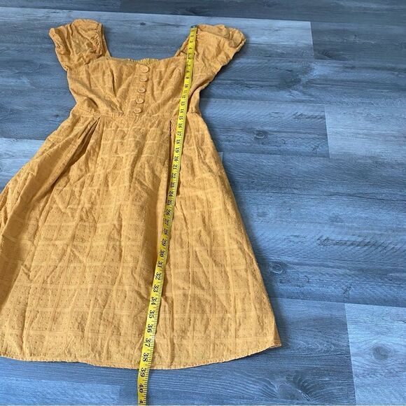 ModCloth Smocked Dress Mustard Yellow Embroidered Medium With Pockets Fe… - Picture 11 of 11